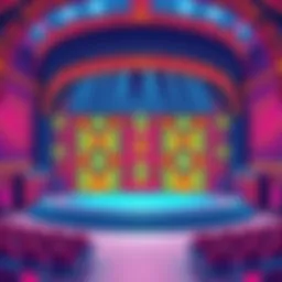 A visually striking stage set with intricate designs and vibrant colors