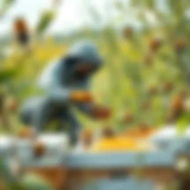 Beekeeper in Natural Habitat A beekeeper tending to hives in a natural setting