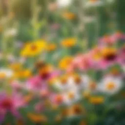A vibrant garden filled with diverse flowering plants attracting bees