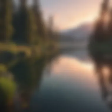 Serene Sunset Lake Sunset over a tranquil lake surrounded by lush greenery