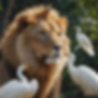 Harmonious Coexistence in the Wild A majestic lion and a graceful egret in a symbiotic relationship