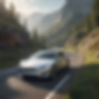 Tesla car driving on a scenic mountain road