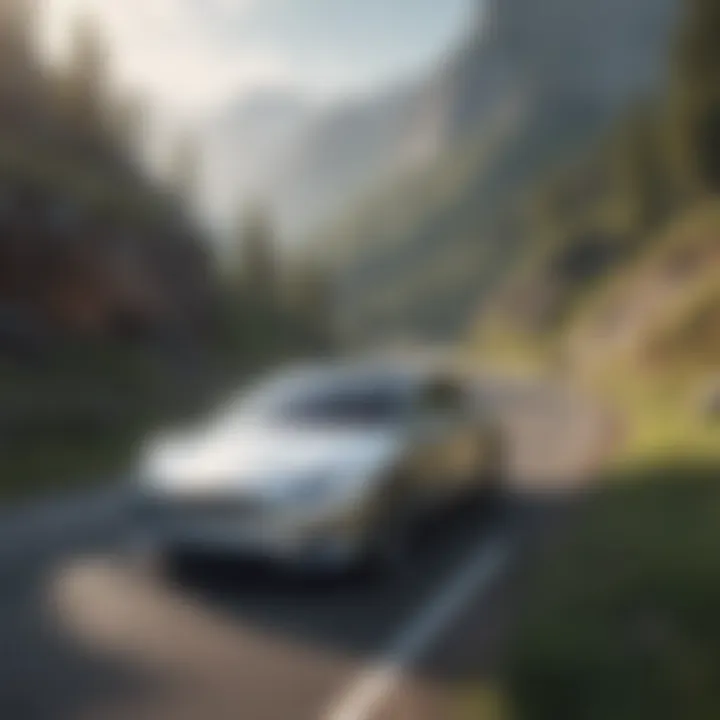 Tesla car driving on a scenic mountain road