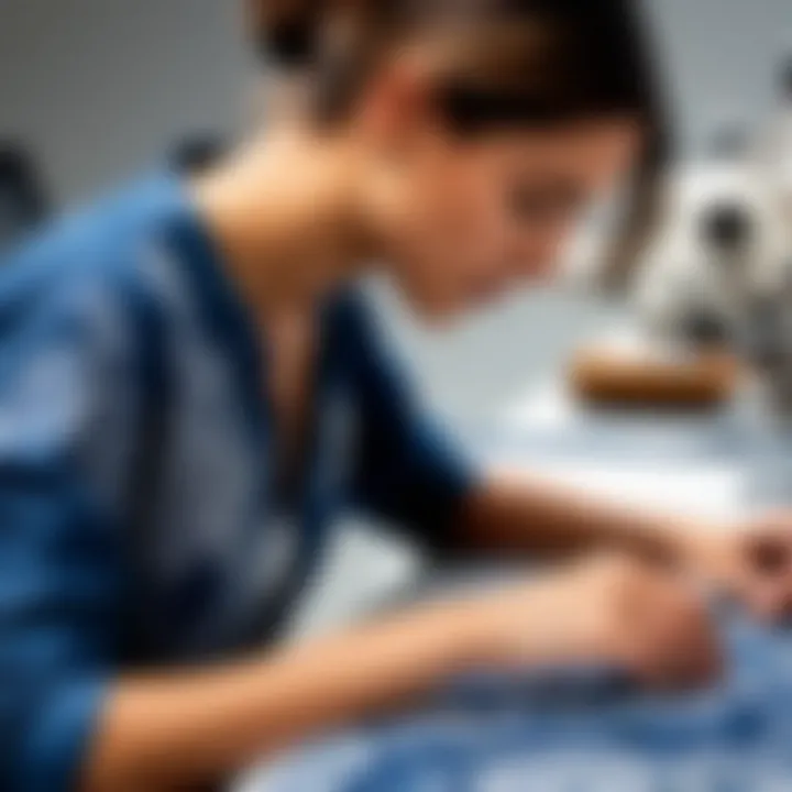 A close-up of a student working meticulously on a textile design, highlighting creativity and craftsmanship.