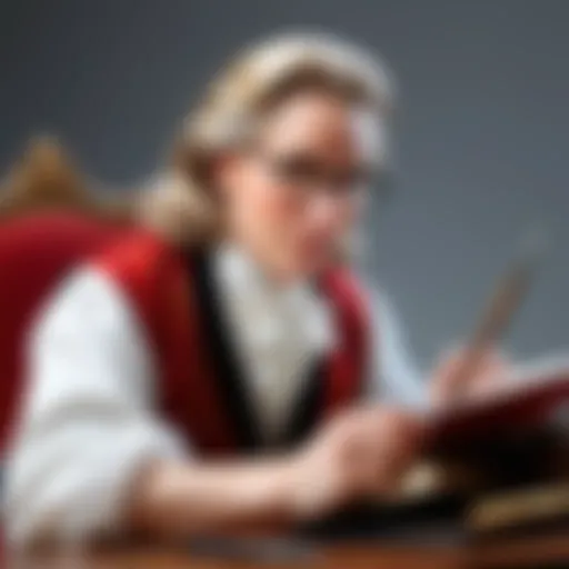 Artistic depiction of a person with a quill pen and scroll