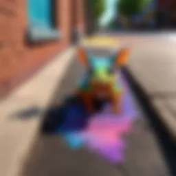 A colorful chalk rendering of a whimsical creature in an urban street.