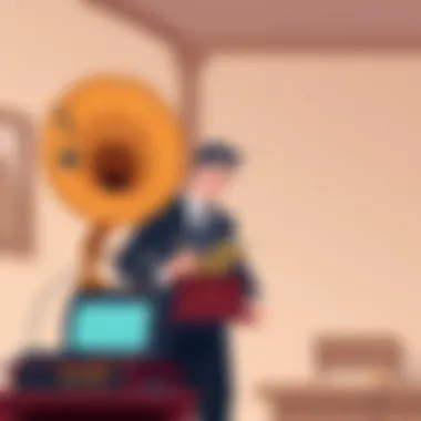 An artist performing with a gramophone in a historical setting