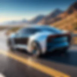 A futuristic electric vehicle on a scenic highway