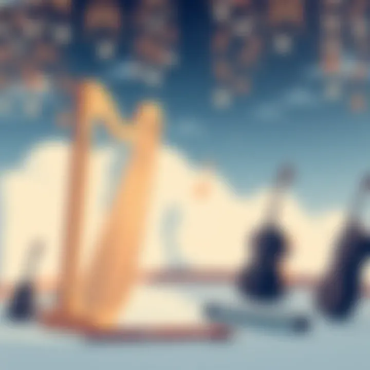 Instruments for Tranquility A serene environment featuring instruments like a harp and flute
