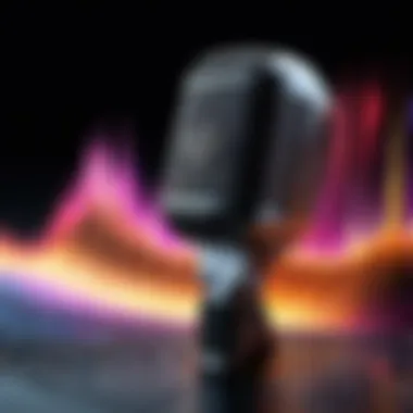 An artistic representation of sound waves emanating from a microphone