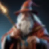 An ancient depiction of a wizard wielding a powerful wand