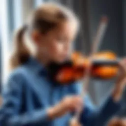 A child engrossed in playing a violin