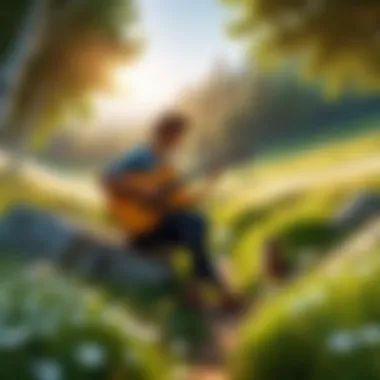 A serene landscape with a person playing guitar outdoors
