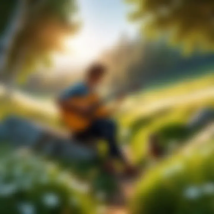 A serene landscape with a person playing guitar outdoors