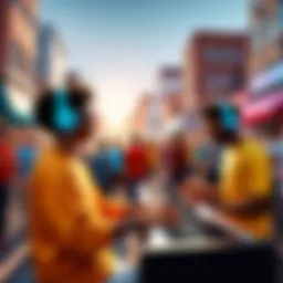 A vibrant street festival showcasing diverse musical performances.