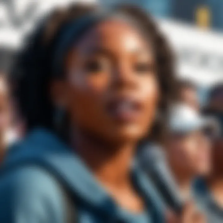 A close-up shot of a black female activist passionately addressing a crowd during a social justice rally.