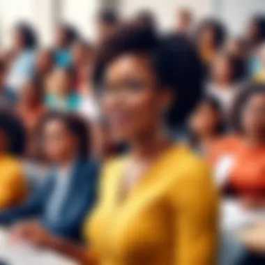 Empowering Minds: Education Through Oratory A black female speaker engaging with a diverse audience at an educational seminar.