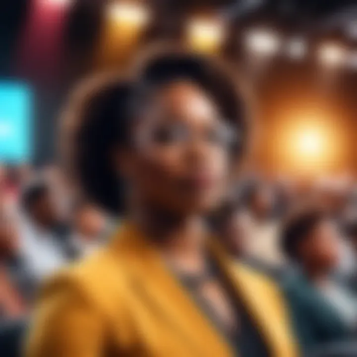 A black female leader standing confidently on stage, with a backdrop of supportive community members.
