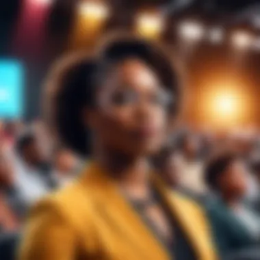 Leadership and Legacy: A Vision for the Future A black female leader standing confidently on stage, with a backdrop of supportive community members.