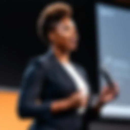 A powerful black female speaker delivering a motivational speech at a large conference.
