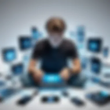 Visual Representation of Technology Addiction A visual representation of technology addiction with a person surrounded by devices.