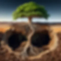 Illustration of a tree growing roots deep into the earth symbolizing inner growth
