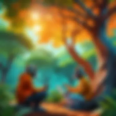 Vibrant Virtual Conversations Illustration of users engaging in vibrant virtual conversations under a tree canopy