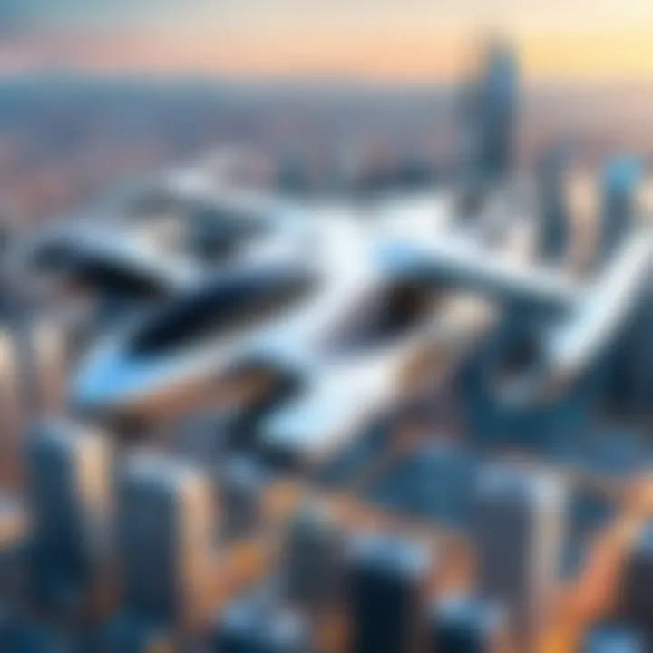 A futuristic VTOL aircraft taking flight over a modern cityscape