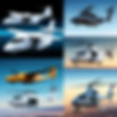 Illustration of various types of VTOL aircraft in operation