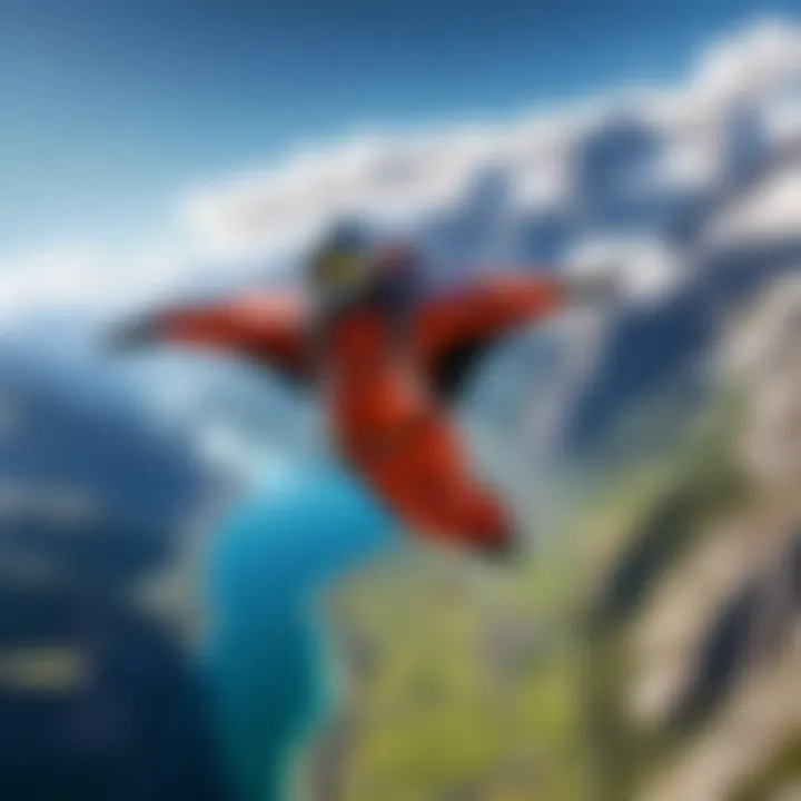 Aerial view of a wingsuit pilot soaring above dramatic landscapes