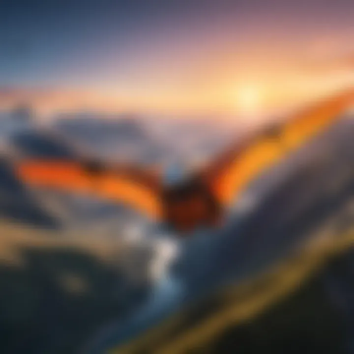 Wingsuit pilot gliding through a mountain range at sunset